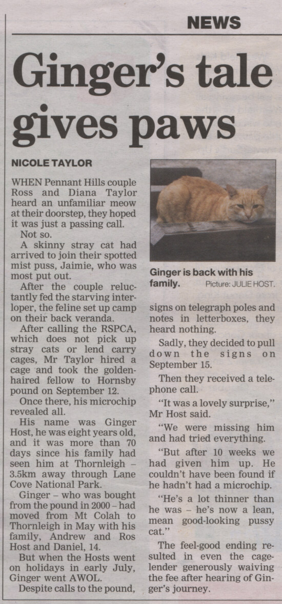 An article about Ginger in the Hornsby Advocate.
